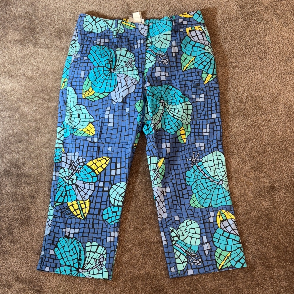 Lilly Pulitzer petite vintage mosaic stained glass blue monokini capri pants - Picture 2 of 5